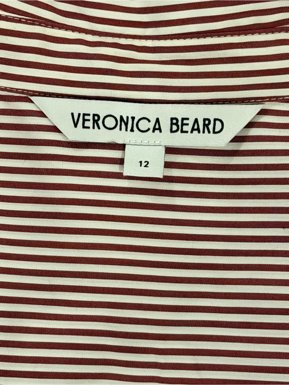 Veronica Beard Burgundy Stripe Side-Buckle Ruched Wrap Midi Shirt Dress Size 12 - Picture 4 of 6
